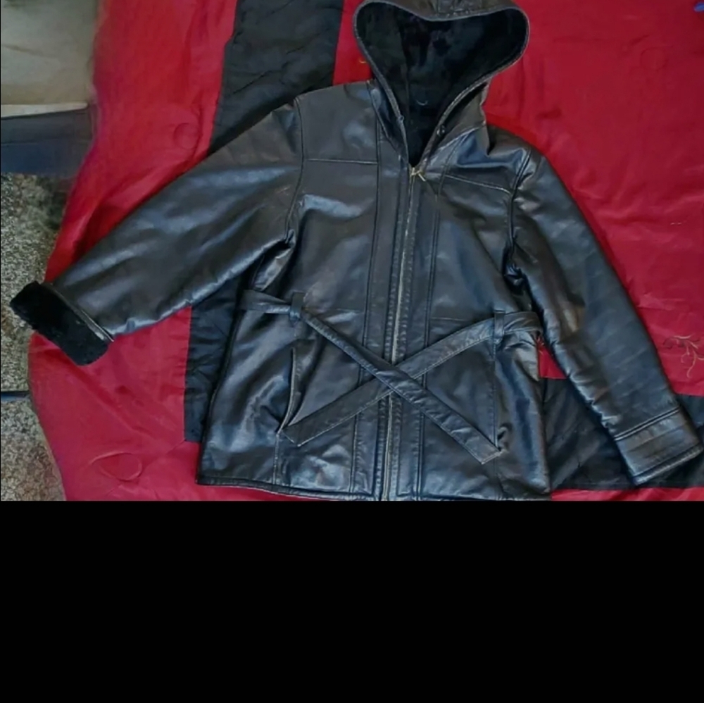 Wilsons Leather Black Hooded Jacket with Belt
